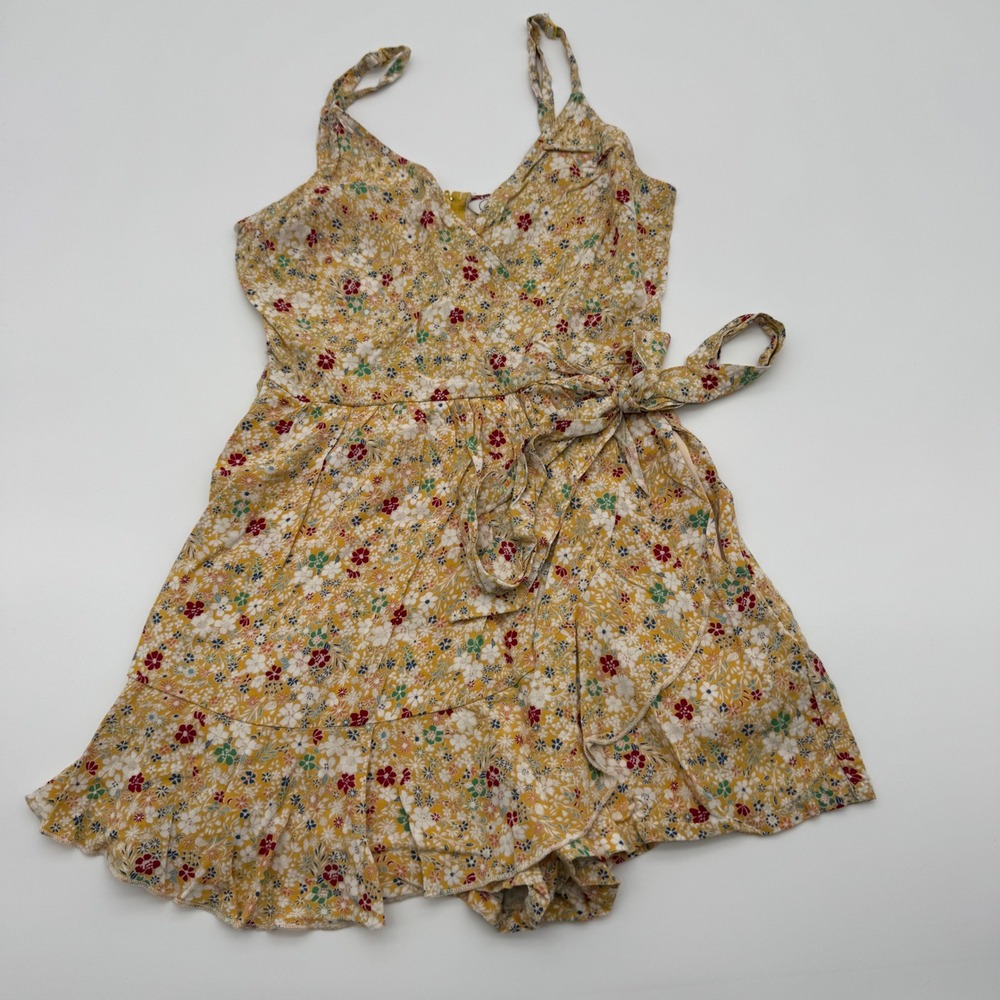 Speechless Floral Romper Mustard Yellow Ruffle Surplice‎ Tie Waist XS Cute